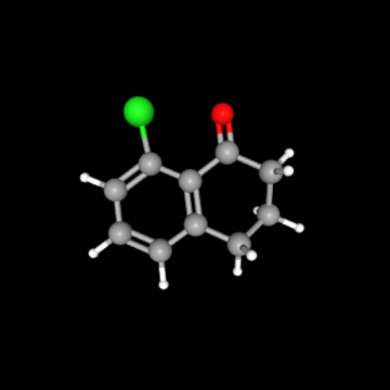 3D colored ball and stick molecular structure of 8-Chloro-3,4-dihydro-2H-naphthalen-1-one (CAS 68449-32-1), also known as 8-Chloro-1-tetralone, on a black background.
