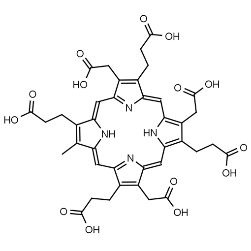 Black and white molecular structure of Heptacarboxylporphyrin I from Frontier Specialty Chemicals.