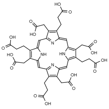 Black and white molecular structure of Uroporphyrin I (CAS# 607-14-7) from Frontier Specialty Chemicals.