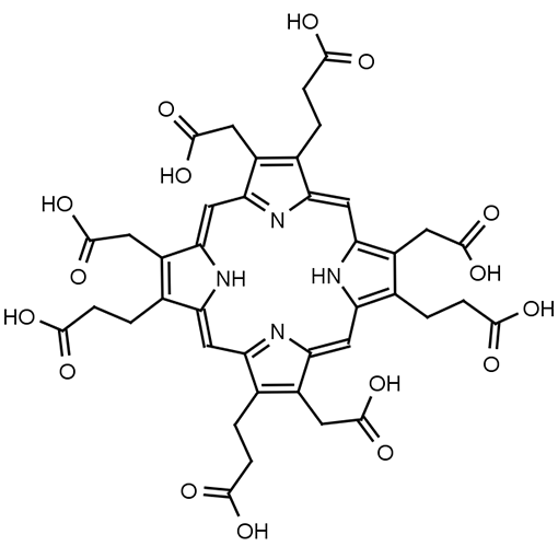 Black and white molecular structure of Uroporphyrin III (CAS# 1976-85-8) from Frontier Specialty Chemicals.