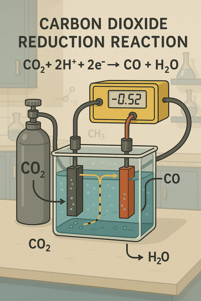 Illustration of an electrochemical carbon dioxide reduction reaction to create carbon monoxide and water.