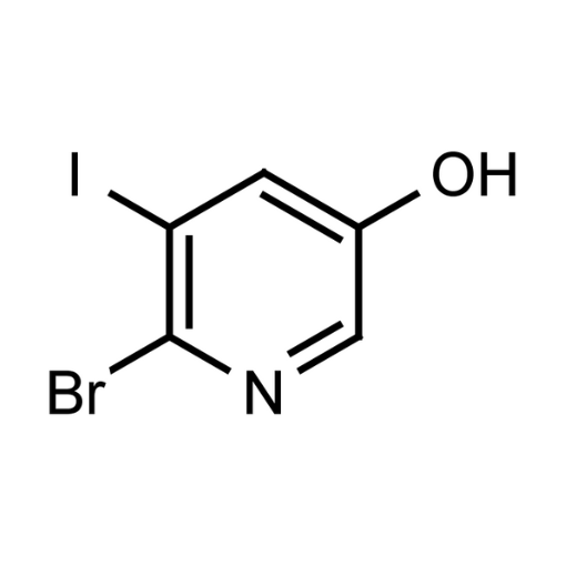 Black and white molecular structure of 6-Bromo-3-hydroxy-5-iodopyridine (CAS # 697300-70-2) from Frontier Specialty Chemicals.
