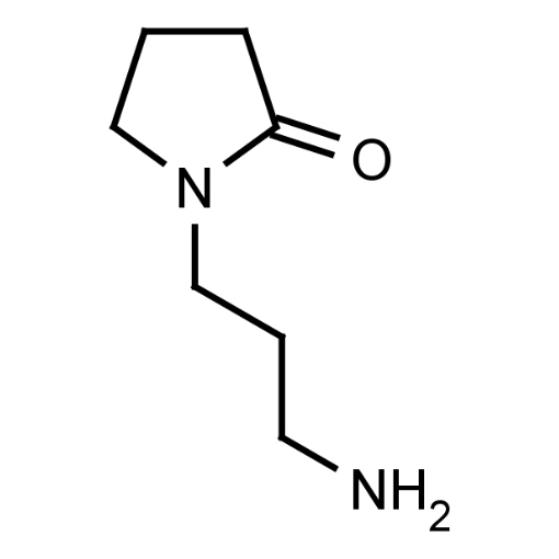 Black and white molecular structure of N-(3-aminopropyl)-2-pyrrolidinone with CAS 7663-77-6 from Frontier Specialty Chemicals.