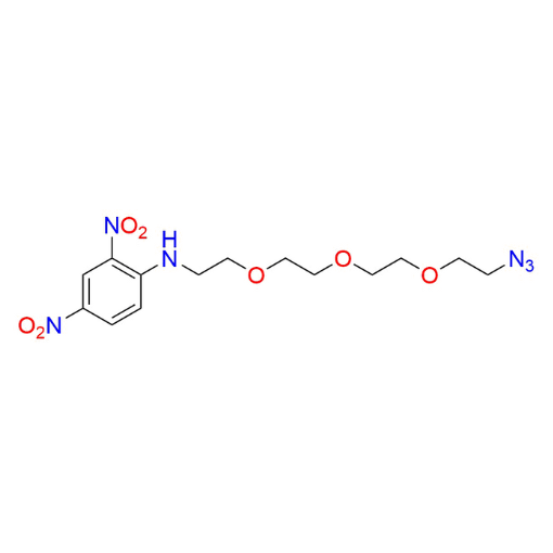 Molecular structure for PEG N-(2-(2-(2-(2-azidoethoxy)ethoxy)ethoxy)ethyl)-2,4-dinitroaniline, also known as DNP-PEG3-azide (CAS 951671-87-7), from Frontier Specialty Chemicals.