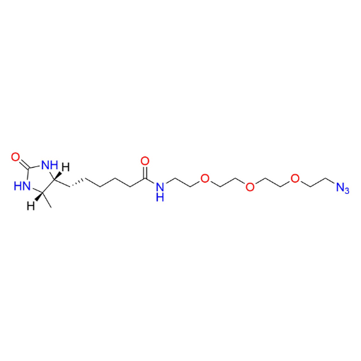 Molecular structure for PEG N-(2-(2-(2-(2-azidoethoxy)ethoxy)ethoxy)ethyl)-6-((4R,5S)-5-methyl-2-oxoimidazolidin-4-yl)hexanamide, also known as Desthiobiotin-PEG3-Azide (CAS 1426828-06-9), from Frontier Specialty Chemicals.