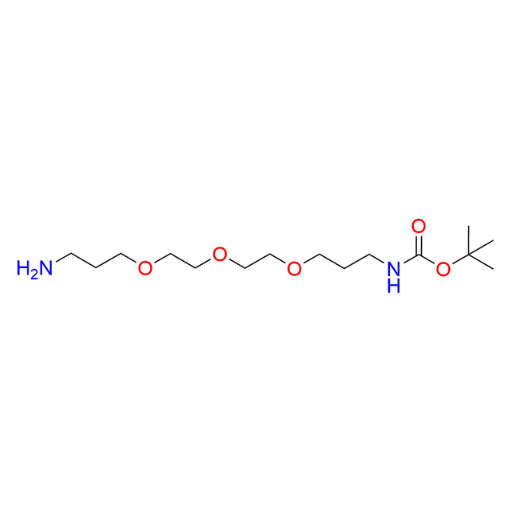 Molecular structure for PEG tert-Butyl (3-(2-(2-(3-aminopropoxy)ethoxy)ethoxy)propyl)carbamate, also known as Boc-PEG propylamine (CAS 194920-62-2), from Frontier Specialty Chemicals.