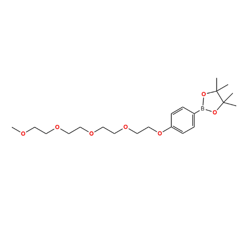 Molecular structure for PEG 4,​4,​5,​5-​Tetramethyl-​2-​[4-​(3,​6,​9,​12-​tetraoxatridec-​1-​yloxy)​phenyl]​-1,​3,​2-​dioxaborolane, also known as Ethoxy-PEG4 phenyl boronic ester (CAS 1181210-11-6), from Frontier Specialty Chemicals.
