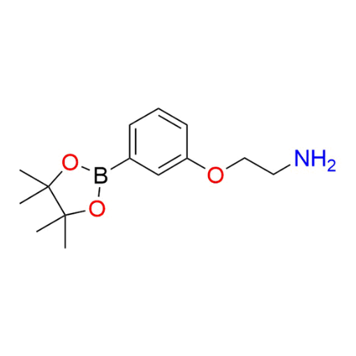 Molecular structure for PEG 2-(3-(4,4,5,5-Tetramethyl-1,3,2-dioxaborolan-2-yl)phenoxy)ethan-1-amine, also known as 2-(3-(Pinacol boronate)phenoxy)ethylamine (CAS 2684271-71-2), from Frontier Specialty Chemicals.