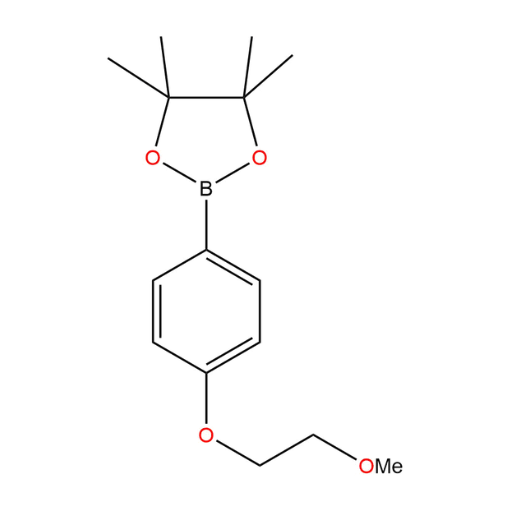 Molecular structure for PEG 2-(4-(2-methoxyethoxy)phenyl)-4,4,5,5-tetramethyl-1,3,2-dioxaborolane, also known as Methoxy-PEG2 phenyl boronic ester (CAS 959972-40-8), from Frontier Specialty Chemicals.