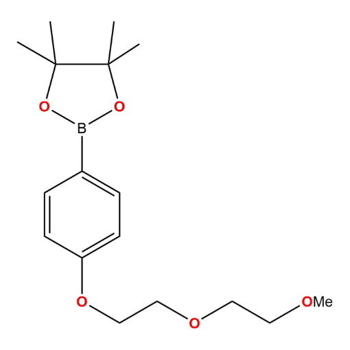 Molecular structure for PEG 2-(4-(2-(2-methoxyethoxy)ethoxy)phenyl)-4,4,5,5-tetramethyl-1,3,2-dioxaborolane, also known as Methoxy-PEG3 phenyl boronic ester (CAS 1366602-62-1), from Frontier Specialty Chemicals.
