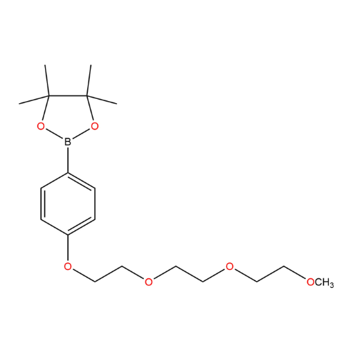 Molecular structure for PEG 2-(4-(2-(2-(2-methoxyethoxy)ethoxy)ethoxy)phenyl)-4,4,5,5-tetramethyl-1,3,2-dioxaborolane, also known as Methoxy-PEG4 phenyl boronic ester (CAS 1639849-19-6), from Frontier Specialty Chemicals.