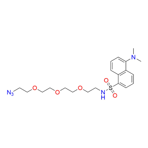 Molecular structure for PEG N-(2-(2-(2-(2-Azidoethoxy)ethoxy)ethoxy)ethyl)-5-(dimethylamino)naphthalene-1-sulfonamide, also known as Dansyl-PEG4-azide (CAS 1321923-30-1), from Frontier Specialty Chemicals.