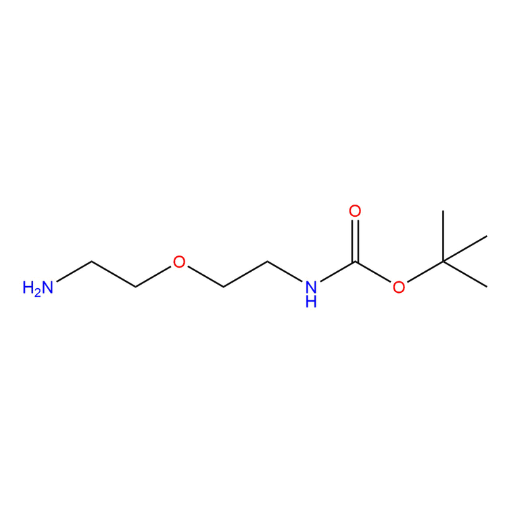 Molecular structure for PEG tert-butyl (2-(2-aminoethoxy)ethyl)carbamate, also known as oc-PEG2-amine (CAS 127828-22-2), from Frontier Specialty Chemicals.