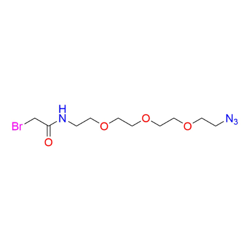 Molecular structure for PEG N-(2-(2-(2-(2-azidoethoxy)ethoxy)ethoxy)ethyl)-2-bromoacetamide, also known as Azido-PEG4-bromoacetamide (CAS 940005-81-2), from Frontier Specialty Chemicals.
