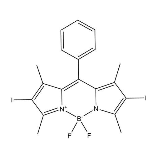 Molecular structure for 8-Phenyl-2,6-diiodo-1,3,5,7-tetramethyl BODIPY (CAS 1083009-44-2), from Frontier Specialty Chemicals.