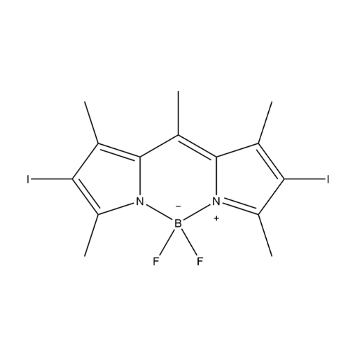 Molecular structure for 2,6-diiodo-1,3,5,7,8-pentamethyl-pyrromethene fluoroborate BODIPY (CAS 1031443-55-6), from Frontier Specialty Chemicals.