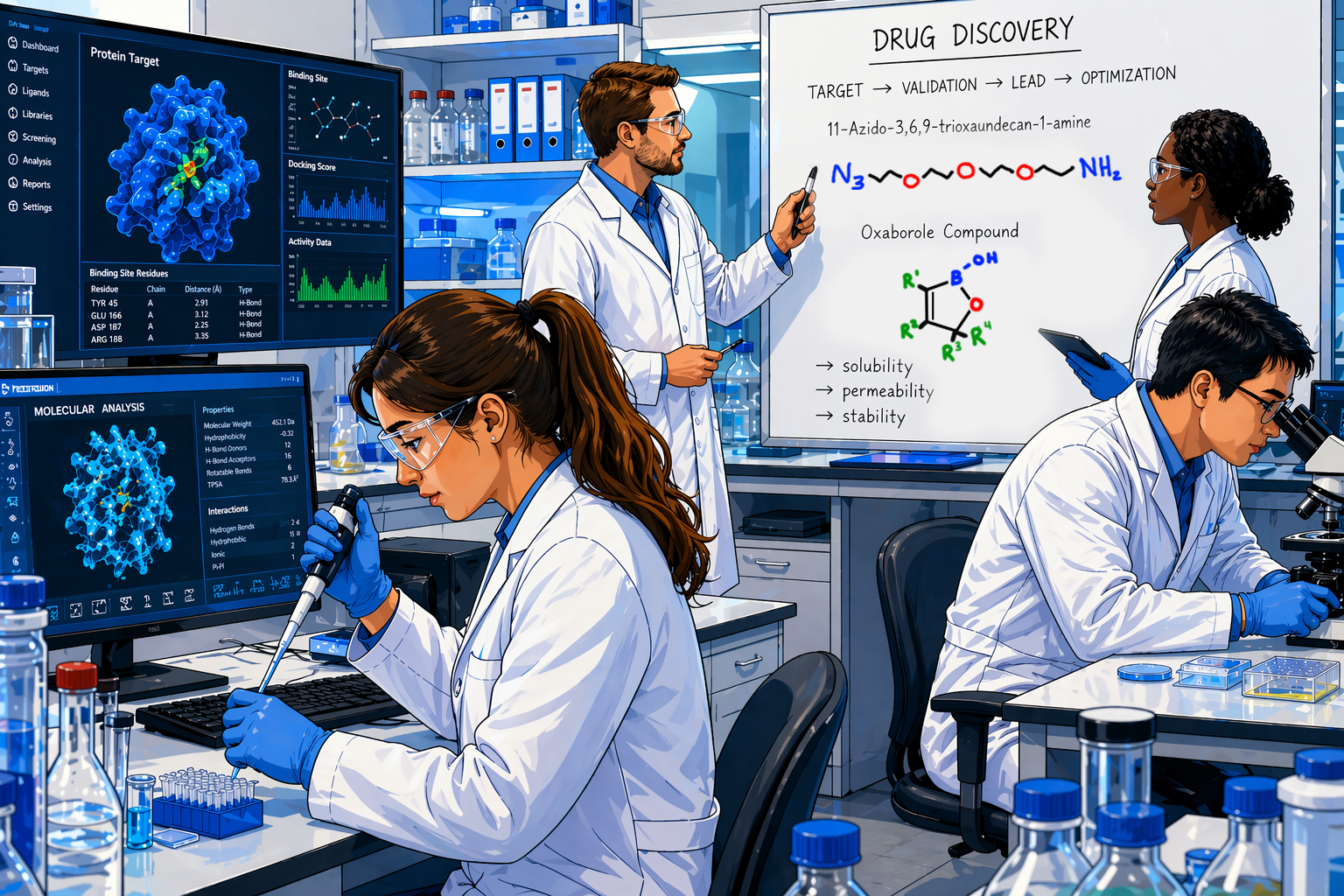 Illustration of a team of chemists working in a drug discovery lab, with a whtie board showing an amine PEG and an oxaborole.