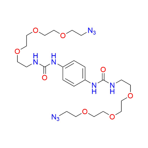 Molecular structure for 1,1'-(1,4-phenylene)bis(3-(2-(2-(2-(2-azidoethoxy)ethoxy)ethoxy)ethyl)urea) (CAS None), also known as Bis(azido-PEG4-ethyl) para-phenylene diurea, from Frontier Specialty Chemicals.