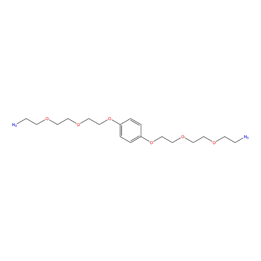 Molecular structure for 1,4-Bis(2-(2-(2-azidoethoxy)ethoxy)ethoxy)benzene (CAS 2185880-97-9), also known as Bis-azido PEG3 benzene linker, from Frontier Specialty Chemicals.