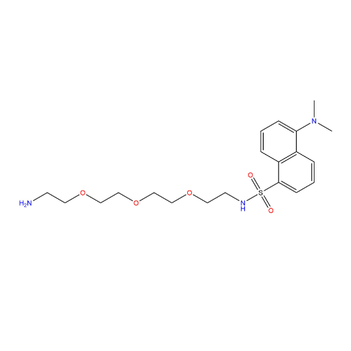Molecular structure for N-(2-(2-(2-(2-Aminoethoxy)ethoxy)ethoxy)ethyl)-5-(dimethylamino)naphthalene-1-sulfonamide (CAS 914311-67-4), also known as Dansyl-PEG4-amine, from Frontier Specialty Chemicals.