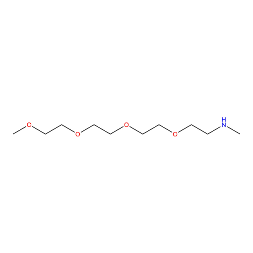 Molecular structure for N-Methyl-3,6,9,12-tetraoxatridecan-1-amine (CAS 1059588-12-3), also known as mPEG4-NHMe or PEG4 methylamine, from Frontier Specialty Chemicals.