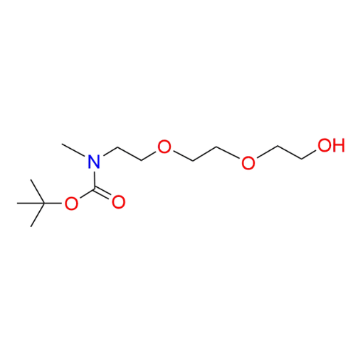 Molecular structure for PEG tert-Butyl (2-(2-(2-hydroxyethoxy)ethoxy)ethyl)(methyl)carbamate (CAS 1254119-42-0), also known as Boc-MeN-PEG3-OH, from Frontier Specialty Chemicals.