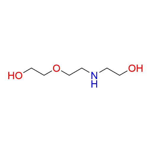 Molecular structure for PEG 2-((2-(2-hydroxyethoxy)ethyl)amino)ethan-1-ol (CAS 5038-17-5), also known as Secondary amine PEG diol, from Frontier Specialty Chemicals.