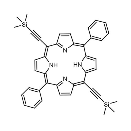 Molecular structure for 5,15-(di-trimethylsilylethynyl)-10,20-(diphenyl) porphyrin (CAS 186382-65-0), also known as TMS-protected 5,15-diethynyl-10,20-diphenylporphyrin, from Frontier Specialty Chemicals.