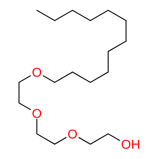Molecular structure for PEG Triethylene glycol monododecyl ether (CAS 3055-94-5), also known as Lauryl alcohol triglycol ether, from Frontier Specialty Chemicals.
