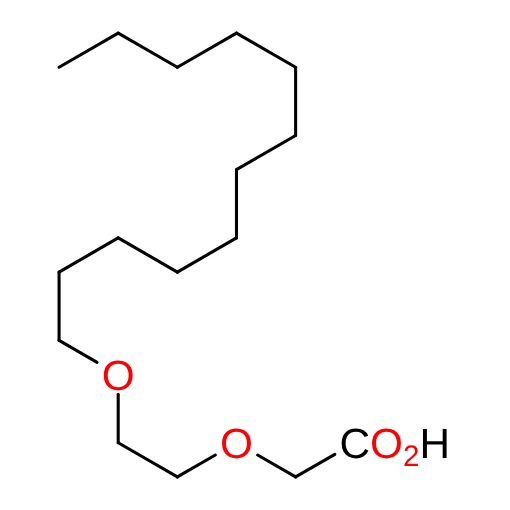 Molecular structure for PEG 2-[2-(Dodecyloxy)ethoxy]acetic acid (CAS 20858-23-5), also known as C12 alkyl ether carboxylic acid, from Frontier Specialty Chemicals.