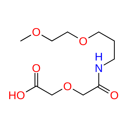 Molecular structure for PEG 10-Oxo-2,5,12-trioxa-9-azatetradecan-14-oic acid (CAS 1292462-57-7), also known as Methoxyether amide carboxylic acid, from Frontier Specialty Chemicals.