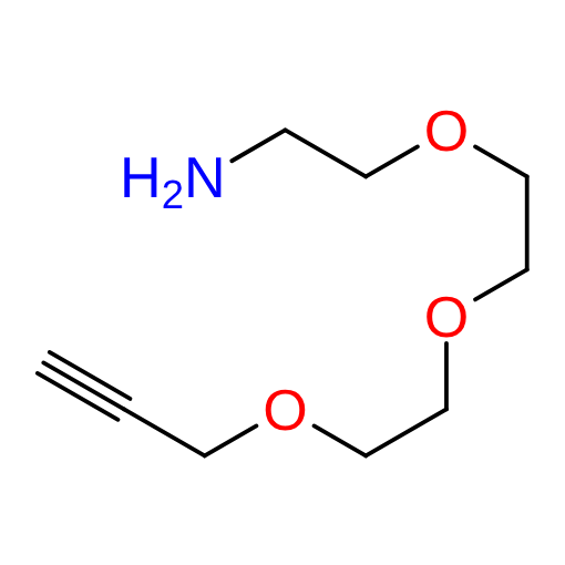 Molecular structure for PEG 2-(2-(2-(Prop-2-yn-1-yloxy)ethoxy)ethoxy)ethan-1-amine (CAS 932741-19-0), also known as PROPARGYL-PEG3-AMINE, from Frontier Specialty Chemicals.