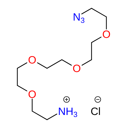 Molecular structure for PEG 14-azido-3,6,9,12-tetraoxatetradecan-1-amine hydrochloride (CAS 3025839-69-1), also known as Azido-PEG4-amine hydrochloride, from Frontier Specialty Chemicals.