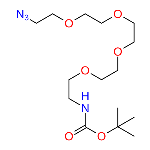 Molecular structure for PEG tert-Butyl (14-azido-3,6,9,12-tetraoxatetradecyl)carbamate (CAS 940951-99-5), also known as Boc-NH-PEG4-azide, from Frontier Specialty Chemicals.
