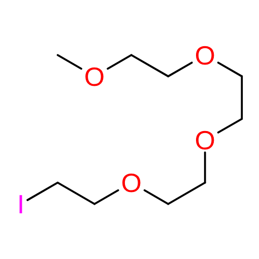 Molecular structure for PEG 13-Iodo-2,5,8,11-tetraoxatridecane (CAS 143127-81-5), also known as Methoxy-PEG4-iodide, from Frontier Specialty Chemicals.