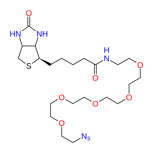 Molecular structure for PEG Biotin-PEG5-azide (CAS 1163732-89-5), also known as N-(17-Azido-3,6,9,12,15-pentaoxaheptadecyl)-5-((3aS,4S,6aR)-2-oxohexahydro-1H-thieno[3,4-d]imidazol-4-yl)pentanamide , from Frontier Specialty Chemicals.