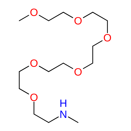 Molecular structure for PEG N-Methyl-2,5,8,11,14,17-hexaoxanonadecan-19-amine (CAS 1059588-15-6), also known as N-Methyl-mPEG6-amine, from Frontier Specialty Chemicals.