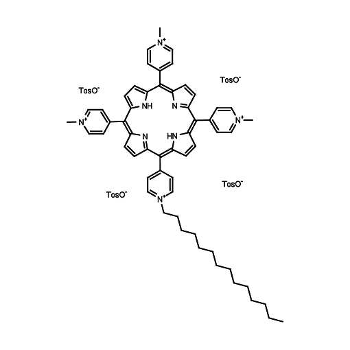Molecular structure for 5-(4-N-tetradecylpyridyl) 10,15,20-tris (4-N-methylpyridyl)-21H, 23H-porphine tetratosylate (CAS Not applicable), also known as C14-TMPyP, from Frontier Specialty Chemicals.